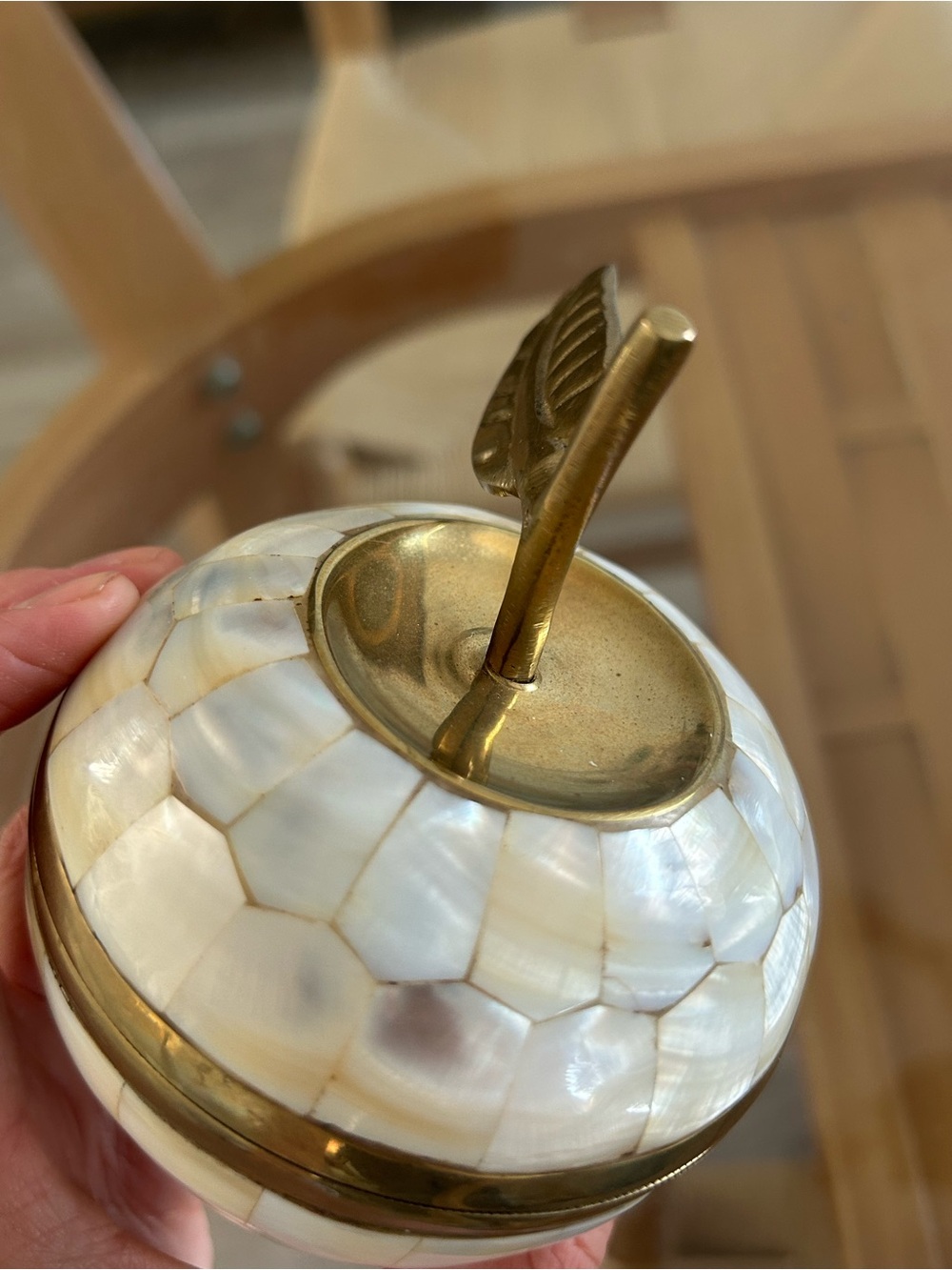 Decorative Mother of Pearl Apple Trinket Box with Brass Accents - Picture 9 of 16